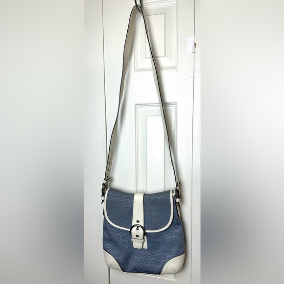 Vtg COACH Signature Jacquard Crossbody Purse Blue Canvas White Leather Y2K Bag - Picture 2 of 16